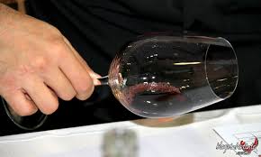 examinando o brilho e a transparência do vinho, primeiro olhando de cima da taça, através da luz ou contra um fundo branco, com a taça ligeiramente inclinada